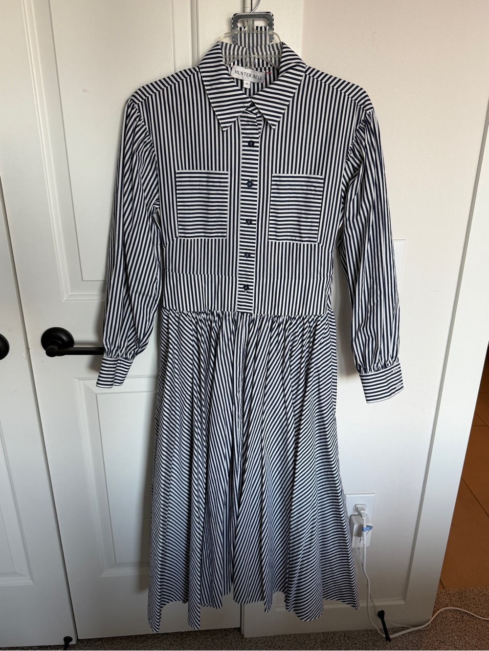 Hunter Bell Pleated Striped Shirt Dress - Navy & White with belt